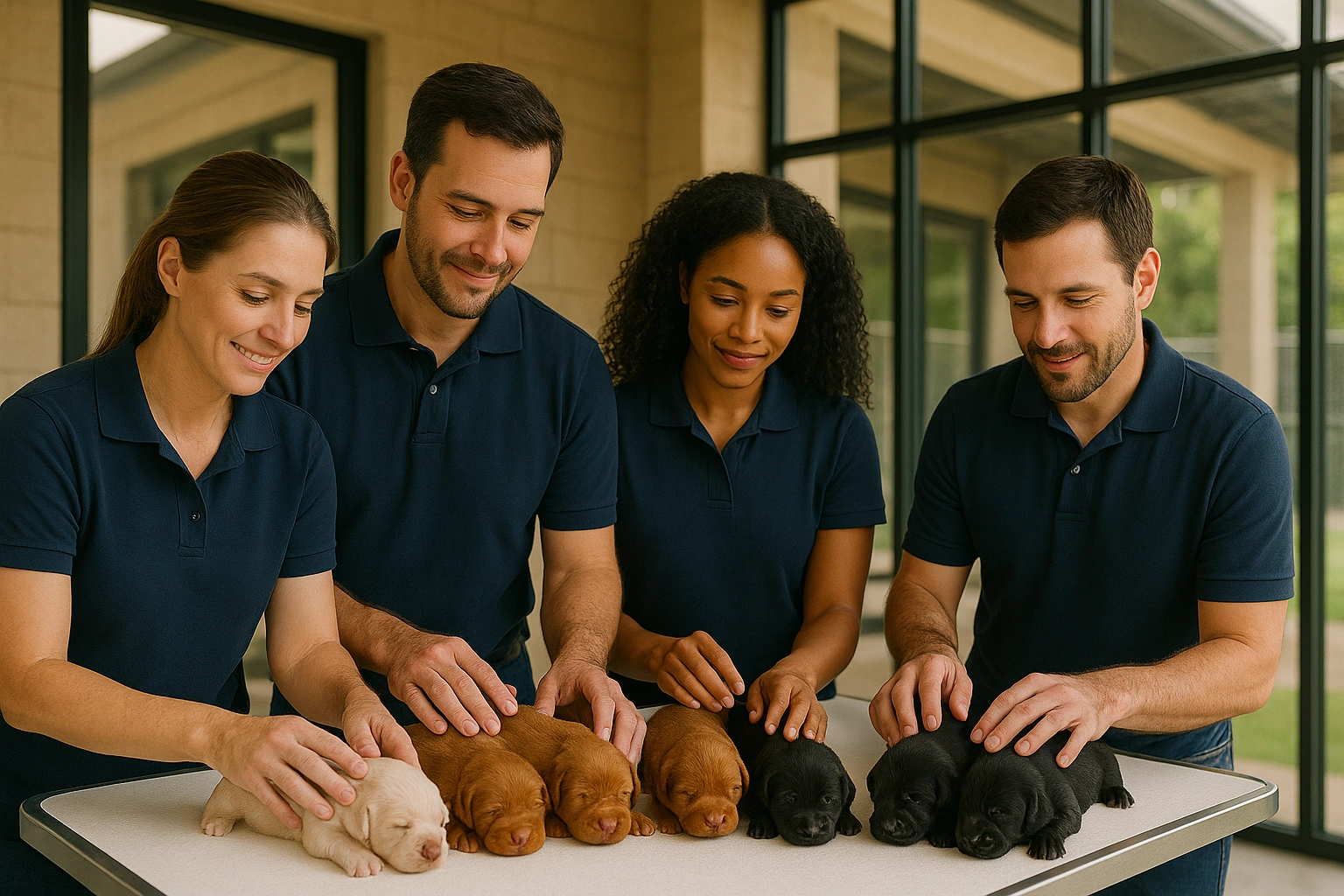 Equipe do kennel com filhotes